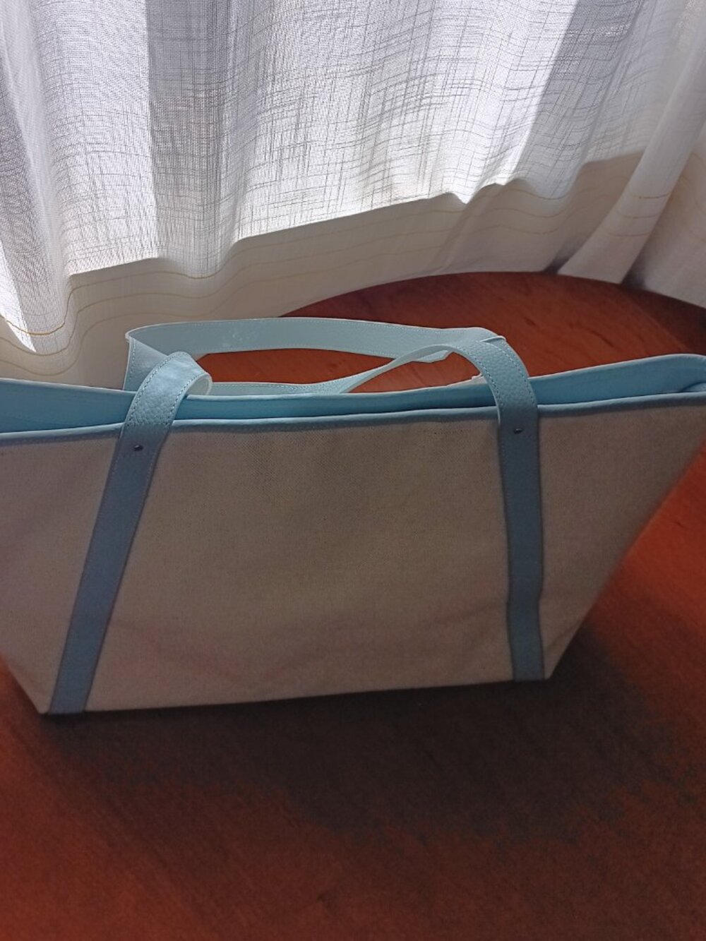 NWT Neely and Chloe Travel Tote Light Blue Pebbled Leather & White Canvas - Picture 2 of 10